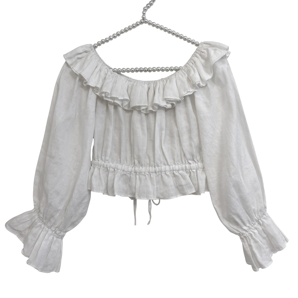 DISSH White 100% Linen Ruffle Crop Top Long Sleeve Smocked Coquette AU 6 US 2